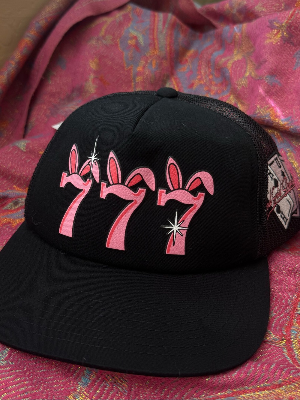 HUF Black Trucker Hat with Pink 777 Bunny Graphic